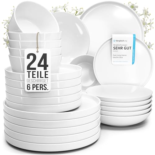 Porzellan Geschirrset 6 Personen Crystal 24 tlg. TESTSIEGER, Cooles klares Porzellan Geschirr Set, Schüssel- und Teller Set, Tafelservice 6 Personen, Geschirrsets Pure Living in weiß