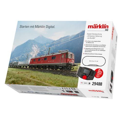 Märklin 29488 Digital-Startpackung „Schweizer Güterzug mit Elektrolokomotive Re 620“, Spur H0 Modelleisenbahn, viele Soundfunktionen, mit Mobile Station C-Gleis Schienen, 1:87