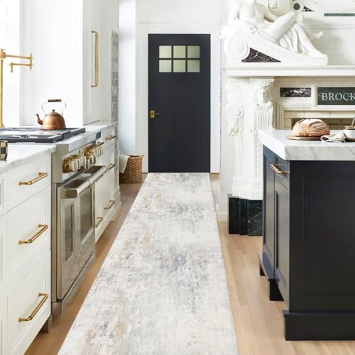 Duscdesp Teppich Läufer 65 x180CM,Küchenteppich Waschbar rutschfest,Teppichläufer Flur Flurteppich, Abstraktes Kurzflor Teppiche beige Grau für Schlafzimmer, Küche, Wohnzimmer (Beige 65×180)