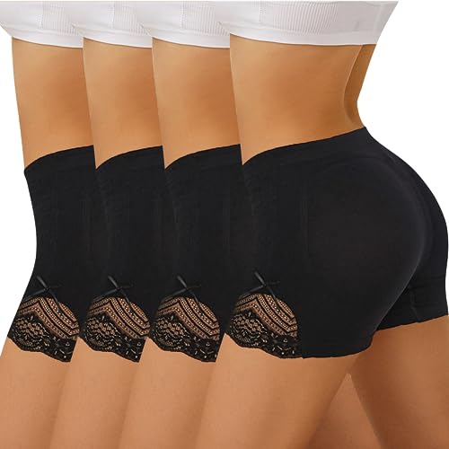 FINETOO 4er Pack Damen Boxershort Slips Push up Unterwäsche Weich Slip Sexy Panties Atmungsaktive Unterhosen Hipster Frauen Mehrpack S-L Black*4，L
