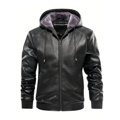 Generisch Lederjacke Herren Schwarz,Lederjacke Herren Echtleder Winter Vintage Mit Kapuze Und Taschen Fell Jacke Mode Retro Biker Slim Fit Männer Motorrad Casual Winterjacke Ledermantel Schwarz