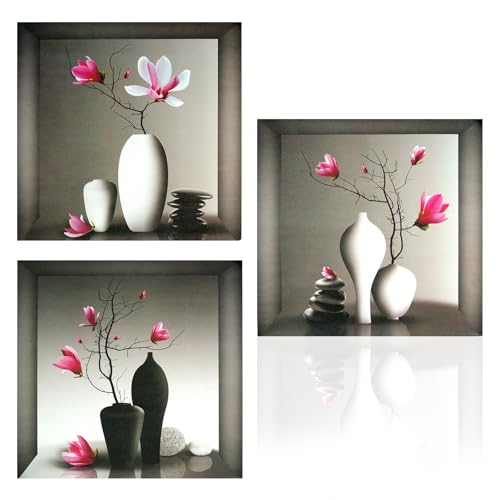 Wandtattoo Blumen,3 Stück Wandsticker 3D Bilder Vase Wandaufkleber,wandtattoo Selbstklebend für Wohnzimmer Schlafzimmer Vorraum Flur Fenster Wanddeko (23 * 45cm)