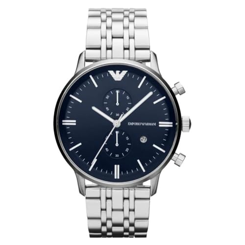 Emporio Armani Watch For Men, 2 sub dial Chronograph Movement and 43mm Case Size with Stainless steel, Leather or Silicone strap Silberton und Dunkelblau , 43MM