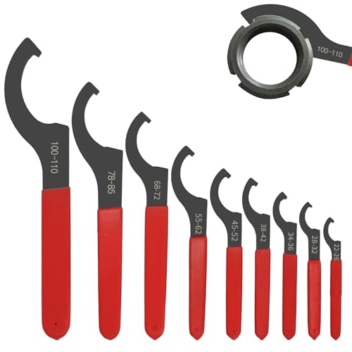 aleawol 9-Teiliges C Hakenschlüssel Set 21-79mm Gewindefahrwerk Schraubenschlüssel Gewinde Haken SchlüSsel mit Rot Rutschfestem Griff Hakenschlüssel mit Nase für Anziehen oder Lösen von Nuss