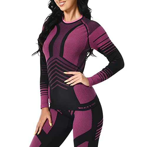 MEETYOO Thermounterwäsche Damen, Funktionswäsche Skiunterwäsche Set Damen Funktionsunterwäsche Atmungsaktiv Thermounterhemd Lang Thermounterhose Frau Thermo für Running Skifahren