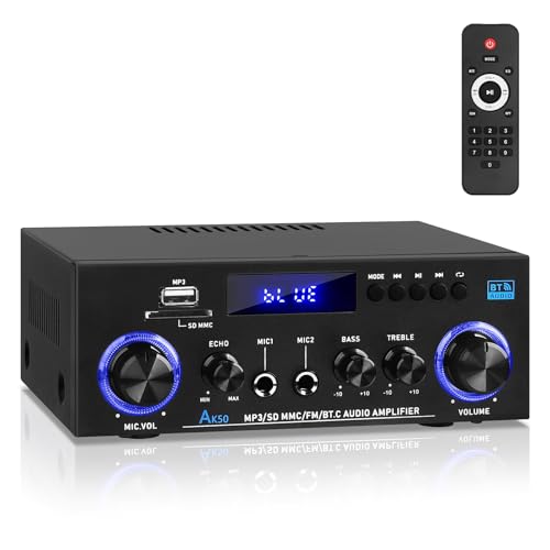 AK50 HiFi-Verstärker mit Bluetooth RMS 60WX2 Stereo Audio Verstärker Empfänger 2.0 Kanal Max 400W Ausgang Mini Verstärker Lautsprecherverstärker w/FM Radio,Echo,Mikrofon,USB,SD-Eingang für Zuhause