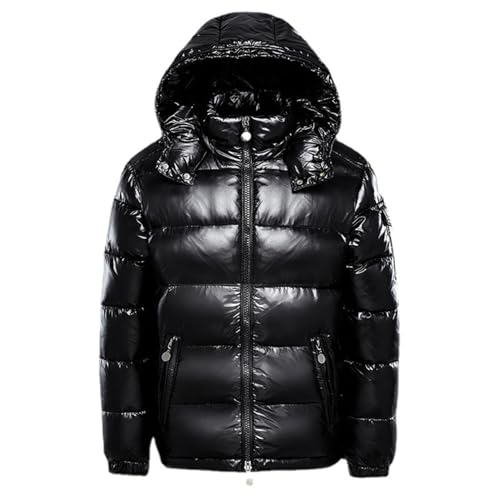 FM2018XSL Herren Pufferjacke Mit Kapuze Leicht Warme Kurze Winterjacke Winddicht Steppjacke Metall Glänzende Daunenjacke (DE/NL/SE/PL, Alphanumerisch, S, Regular, Regular, Schwarz)