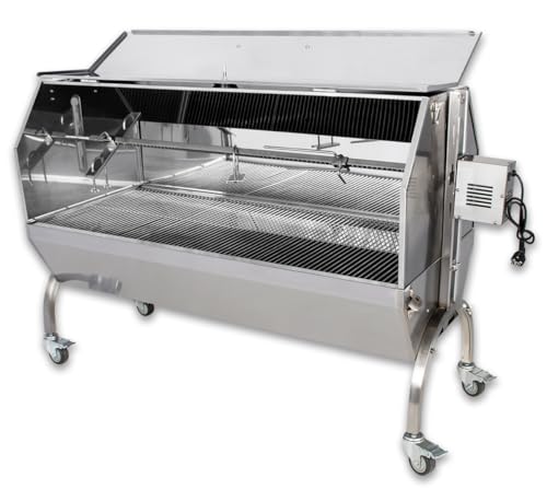 Beeketal 'BSGW-150G' Profi Spanferkelgrill mit Abdeckung, mobiler Spießgrill mit Grillmotor und höhenverstellbarem Drehspieß, stabile Edelstahl Konstruktion mit 4 bremsbaren 360° Grad Rollen