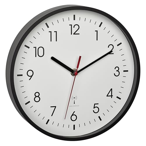 TFA Dostmann Analoge Funk-Wanduhr, 60.3550.01, praezise Anzeige, klassisch, analog, Glasabdeckung, für Wartezimmer, zu Hause, leichtes Ablesen, 245 x 245 x 42 mm, schwarz