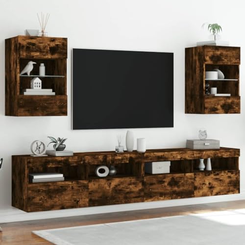 Homgoday TV-Wandschränke mit LED-Leuchten 2 STK. Schrankwand Fernsehschrank mit viel Stauraum, Anbauwand Wandmontage TV Möbel für Wohnzimmer Schlafzimmer Räuchereiche