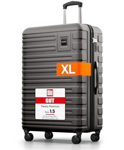 Travely Polycarbonat Koffer Groß 77cm XL - 100L Innenvolumen - 158cm Gurtmaß, sehr robuster Hartschalenkoffer mit sanften Rollen & TSA Schloss, Reisekoffer, Handgepäck Koffer, Reisekoffer mit Rollen