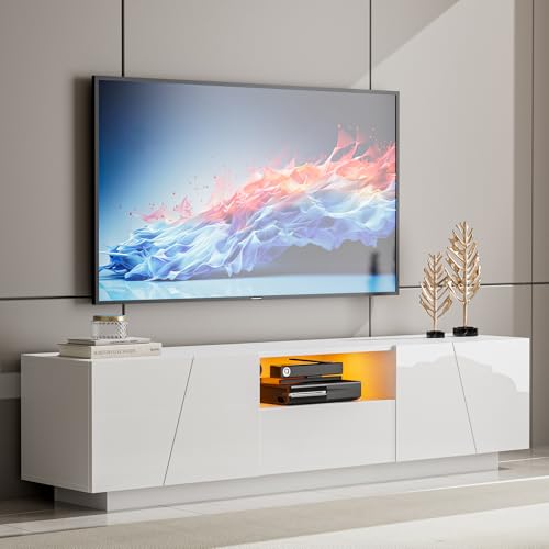 KZNGK TV-Ständer mit LED-Beleuchtung, geeignet für TV-Geräte bis zu 70 Zoll, Moderne TV-Konsolen für Wohnzimmer und Schlafzimmer, TV-Tisch mit Schrank und Schublade, 160 x 40 x 35cm (Weiß)