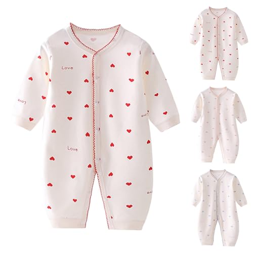 Herz Schlafstrampler Neugeborene Kawaii Schlafanzug Baby Mädchen Jungen Baumwolle Pyjama mit Knopfleiste Strampler Langarm Ohne Füße Einteiler Soft (Red, 3-6 Months)