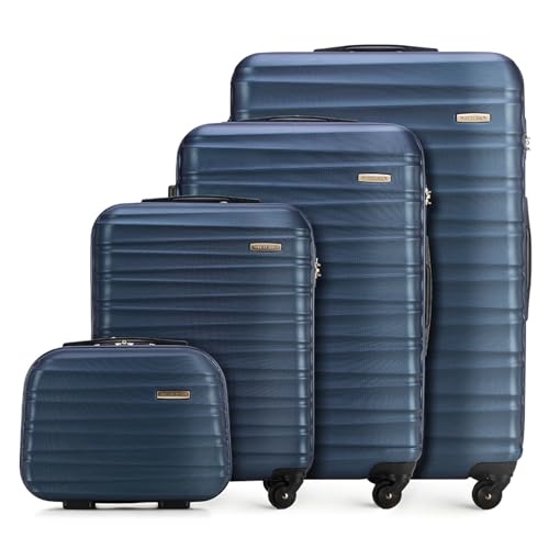 WITTCHEN Reisekoffer 4er Koffer-Set Rollkoffer Trolley Handgepäck Gepäck Reisekoffer Set Hartschale aus ABS 4 Spinner-Rollen Zahlenschloss Groove Line Marineblau Lufthansa/Eurowings/Ryanair/Condor