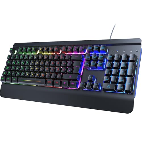 RisoPhy Gaming Tastatur, QWERTZ, Vollmetallgehäuse, Regenbogen-LED-Hintergrundbeleuchtung, Leise Computer Tastatur, Handballenauflage, Beleuchtet Tastatur mit Kabel USB für PC und Mac Gamer
