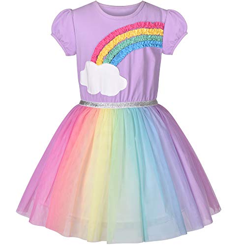 Mädchen Kleid Lila Kurzarm Regenbogen Tüll Rock Geburtstagsfeier Gr. 116