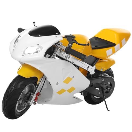 Pocket Bike für Kinder, 49 cc 2-Takt-Gas, Höchstgeschwindigkeit 32 km/h, mit 2 Scheibenbremsen und 2 Scheinwerfern, Weiß und Gelb