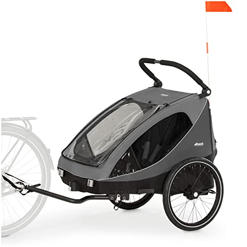 hauck 2in1 Fahrradanhänger & Buggy für 2 Kinder ab 6 Monaten bis 120 cm oder 22 kg Dryk Duo inkl. Deichsel, Kupplung, Buggyrad, Wimpel & Rücklicht, Zusammenklappbar, XL Kofferraum (Grey)