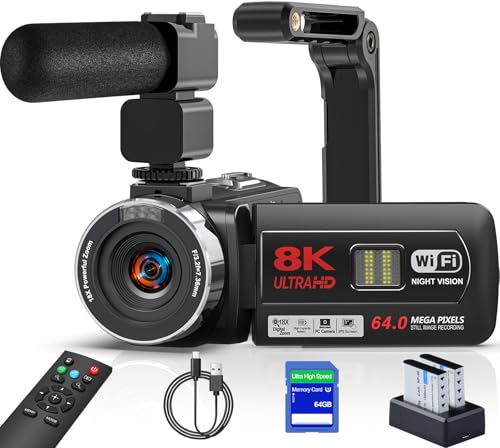 Videokamera 8K Camcorder 64MP WiFi Vlogging Kamera mit IR Nachtsicht für YouTube, 3-Zoll-Touchscreen, 18X Digitalzoom Webcam Camera mit Mikrofon,Stabilisator,Fernbedienung, 64GB SD Karte und 2 Akkus