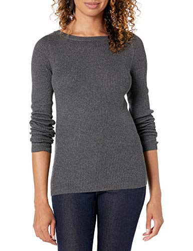Amazon Essentials Damen Leichter, Gerippter Langarm-Pullover mit U-Boot-Ausschnitt in schmaler Passform, Dunkelgrau Meliert, XL