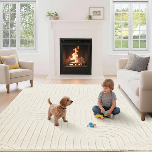 Puremy Wohnzimmerteppich, Kurzflor Teppich Wohnzimmer Schlafzimmer Kinderzimmer mit Hoch-Tief-Effekt, 3D Effekt, hohe Flordichte und angenehm weich, Moderner Bogenförmiges Design, 120x170cm, Beige