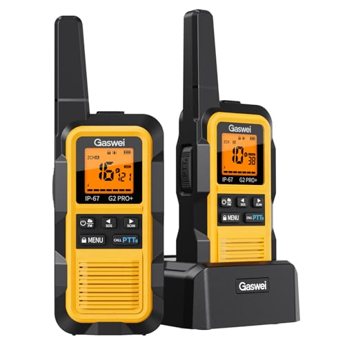 Gaswei G2Pro Professionelle Walkie-Talkies für Erwachsene [IP67 wasserdicht & schwimmfähig] Langstrecken-Funkgerät mit Doppel-PTT, VOX,SOS,FM-Radio + Akku für Outdoor, (2er-Set in Gelb)