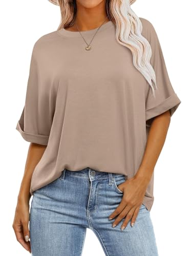 Cuptacc Tops Für Damen T Shirt Rundhals Oberteile Damen Sommer Oversize Shirt Locker Einfarbig T-Shirt Khaki Mittel M 38-40