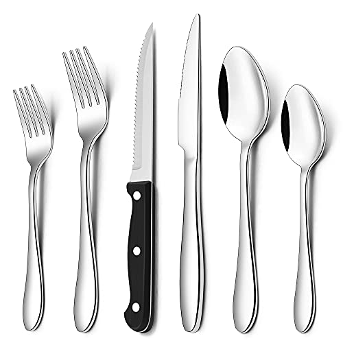 Herogo Besteck Set 6 Personen, 36-teiliges Edelstahl Besteck Set mit Steakmesser, Besteckset mit Gabel Messer Löffel, Elegantes Essbesteck für Haus/Restaurant, Spülmaschinenfest & Rostfrei, Silber
