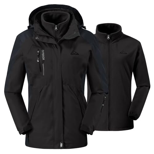 donhobo Damen Outdoor 3-in-1 Skijacke Zweiteilige Winterjacke mit Fleecejacke Winddicht Wasserdicht Freizeitjacke Warm Mantel Jacke mit Kapuze Schwarz XXL