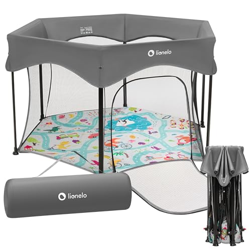 LIONELO Roel Laufstall Baby bis zu 15 kg, Großformat 118 x 118 x 83 cm, sechseckige Form, LockGuard Faltschloss, verstärkte Basis, rutschfeste Fußkappen, Schutztasche (Grau)