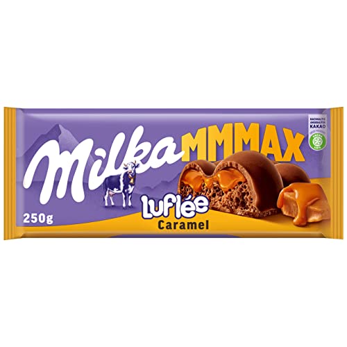Milka Mmmax Luflée Caramel – Alpenmilch-Schokolade mit flüssiger Karamellcrème und Luftschokolade – 250g