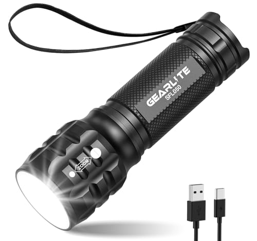 GEARLITE Kleine Taschenlampe LED Aufladbar, Zoomable Mini Taschenlampe Extrem Hell für Kinder, IP65 Wasserdichte Tragbare Flashlight für Camping, Wandern, Notfälle, Outdoor