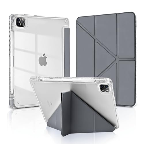MuyDoux Hülle Origami für iPad Pro 11 Zoll 2022/2021/2020/2018 (4/3/2/1 Generation) mit Stifthalter, 5-in-1 mehrere Betrachtungswinkel, Stoßfeste Klare Transparente Rückseite Schutzhülle, Space Grau