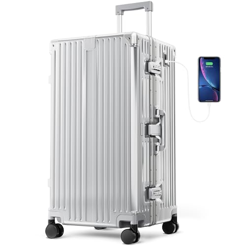 ALPHA CAMP Koffer XL Aluminium Rahmen & Polycarbonat Hartschale mit TSA Schloss Koffer Silber Groß Reisekoffer mit 4 Rollen 40x36x77cm Reisekoffer Suitcase 93L Handgepäck Luggage für Reise