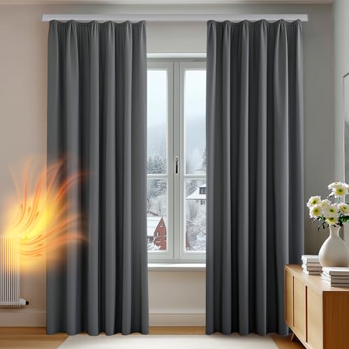 Deconovo Vorhänge mit Kräuselband Vorhang Abdunklungsvorhang Dicke Gardinen Wohnzimmer Winter, 245x140 cm(HöhexBreite), Dunkelgrau, 2er Set