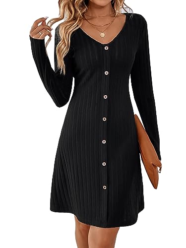 MYCOLORBLUE Kleider für Damen A Linie V-Ausschnitt Langarm Deko Knopf Gestreift Vintage Täglich Midikleid Strickkleider Schwarz S
