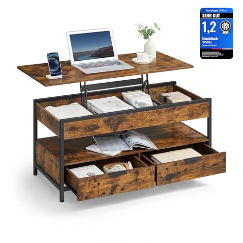 VASAGLE Couchtisch, höhenverstellbarer Wohnzimmertisch, Kaffeetisch, mit Schubladen, offenes Fach, 50 x 100 cm, vintagebraun-tintenschwarz LCT209K01