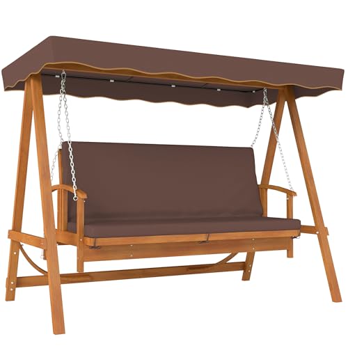 Outsunny 2 in 1 Hollywoodschaukel mit Liegefunktion, 3-Sitzer Gartenschaukel aus Holz, Holzschaukel mit Sonnendach Sitzauflage, Schaukelbank bis 330kg, für Garten, Terrasse, 236x130x181 cm, Braun