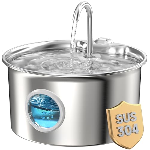 Katzenbrunnen Edelstahl Trinkbrunnen für Katze: Katzen Trinkbrunnen Leise - 2.6L Automatic Katzentrinkbrunnen mit Wasserstandsfenster - Haustierbrunnen für Kleine Hunde - Mehrschichtiges Filtersystem