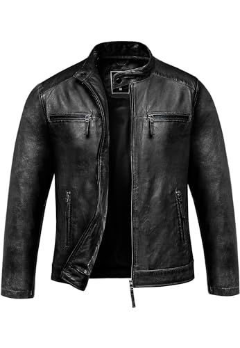 Amaci&Sons Herren Echtleder Jacke Biker Zipper Lederjacke 9108 Schwarz XL