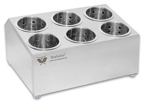 Beeketal 'BBK-6' Profi Gastro Besteckbehälter aus Edelstahl poliert inkl. 6 Köcher zweireihig, entnehmbare Besteck Köcher, Oberfläche leicht abgeschrägt - Abmessung (L/B/H): ca. 385 x 305 x 205 mm