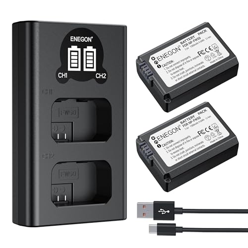 ENEGON NP-FW50 Akku (2-Pack | 1300mAh) und LCD Dual USB Ladegerät für Sony ZV-E10, A6000, A6300, A6400, A6500, A7, A7II, A7RII, A7SII, A7S, A7R, A7RII, A55, A5100, RX10 - Zubehör Kit
