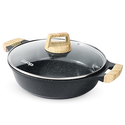 GiPP 3,8 L Suppentopf, 28 cm Flacher Antihaft-Suppentopf – Induktionskochgeschirr mit Glasdeckel – Induktionsboden Aluminium-Topf Auflaufform – Suppentopf mit Hitzebeständigen Griffen