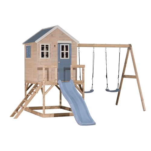 Wendi Toys M28 Stelzenhaus mit Rutsche und Doppelschaukel, Spielturm für Kinder Outdoor Garten aus FSC-Holz, Podest 90 cm, 330 × 405 × 242 cm, mit 175 cm Rutsche, Sandkasten, wetterfest