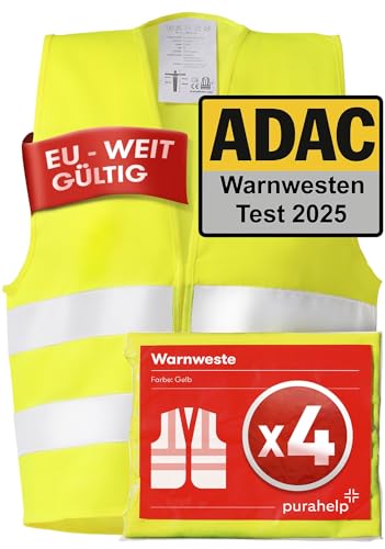 PURAHELP Warnwesten Auto 4er Set Europaweit gültig nach EN ISO 20471 - Reflektierende Warnweste Auto - Sicherheitsweste Auto Warnweste Gelb - Warnschutzweste - Sicherheitswesten für Erwachsene