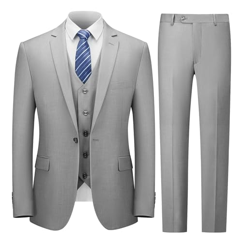Cooper & Nelson Anzüge für Männer, Herrenanzüge Slim Fit, solide Jacke Weste Hose mit Krawatte, EIN-Knopf-Anzug-Set, Li Grey, Anzug 164, XL