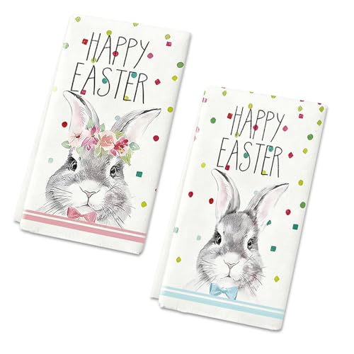 FangBoJie 2 Stück Herr & Frau Hasen Ostern Küchentücher Geschirrtücher, Happy Easter Badetücher, niedliches Häschen, weich, saugfähig, Waschlappen für Fitnessstudio, Yoga, Bad, Dusche