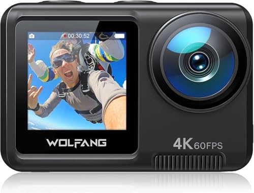 WOLFANG GA420 Action Cam 4K 60FPS Unterwasserkamera WiFi 10M Wasserdicht ohne Gehäuse 3.0 EIS Bildstabilisator Dual Screen Helmkamera (Externem Mikrofon, 2x1350mAh Akkus und Zubehör Kit)