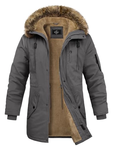 Lonya Winterjacke Herren Fleece Winterparka Warm Gefüttert Wintermantel Mit Kapuze Winddicht Lang Mantel Outdoor Parka Jacke für Männer, Dunkelgrau, L