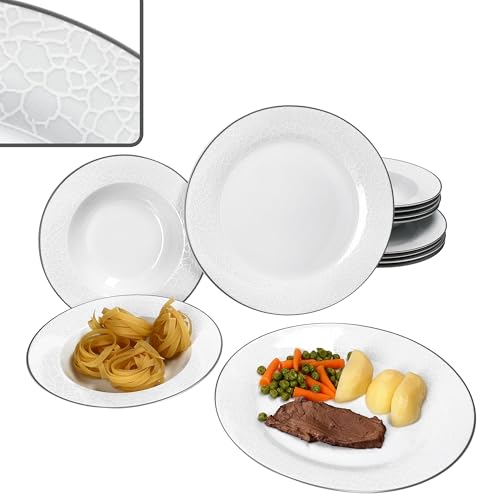 MamboCat Venedig 12tlg Tafelservice I weißes elegantes Porzellan Geschirr für 6 Personen I je 6x Speiseteller & Suppenteller 150ml mit Relief in Kieselstein-Optik mit grauer Linie